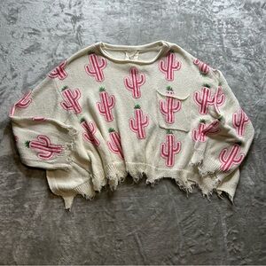 Fantastic Fawn Cactus Patterned Cream and Pink Sweater